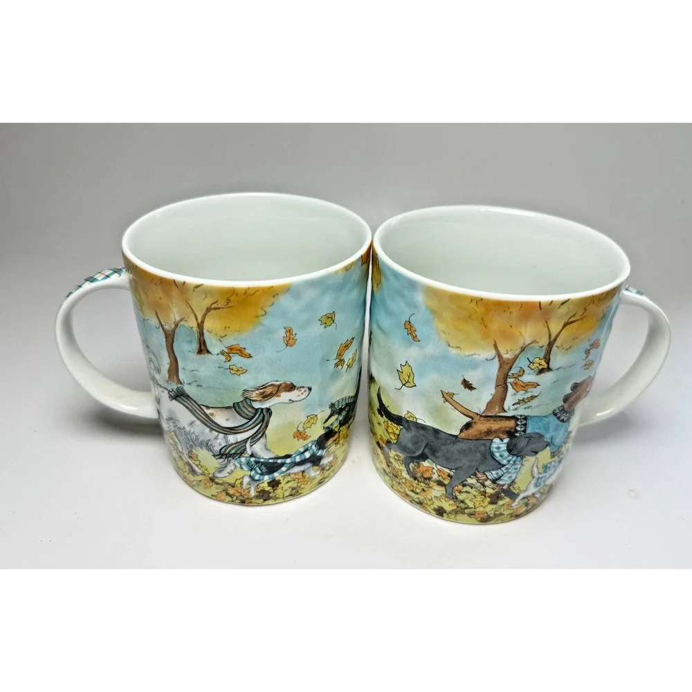 Pier 1 Park Avenue Puppies Mug Lazy Sunday Autumn Dogs 22 Oz Mug Retired Set 2